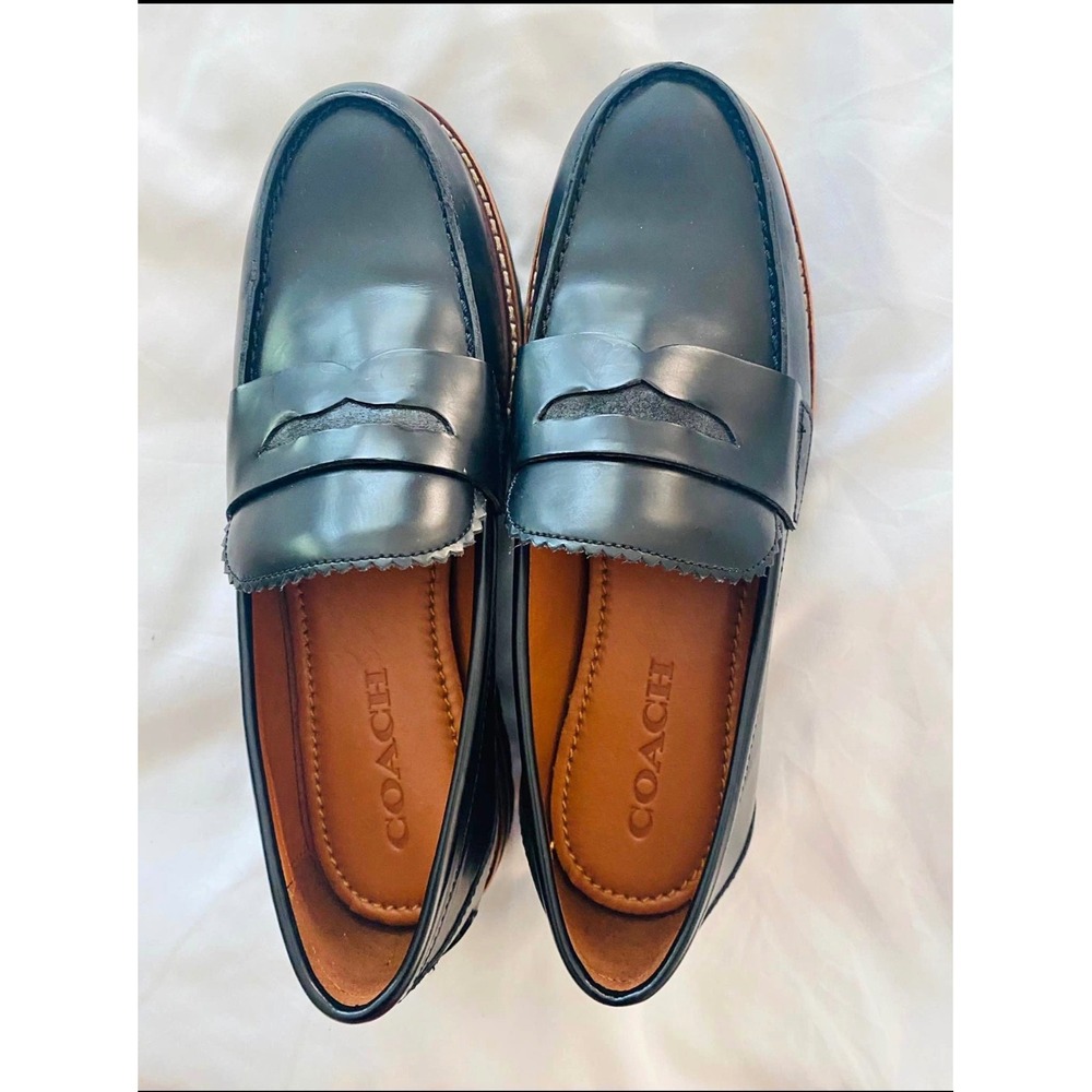 Coach Indie Black Genuine Leather Lug Sole Penny Loafers Womens 9